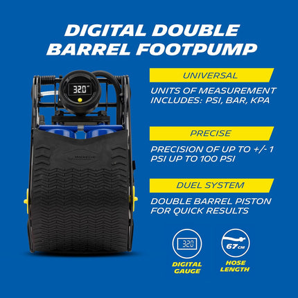 Michelin Digital Double Barrel Foot Pump with Tyre Pressure Gauge and Adapters