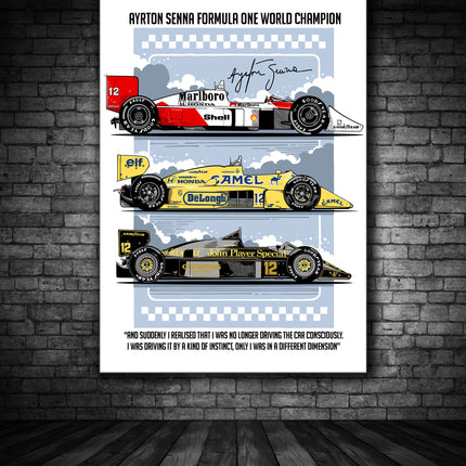 F1 Ayrton Senna Driver Car Set Canvas 50cm x 35cm