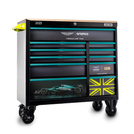 Aston Martin F1 Aramco Formula One® Team x JCB 42” Steel 11 Drawer Roller Cabinet with Hardwood Worktop | Limited Edition