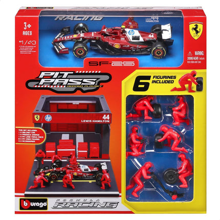 Bburago - Ferrari SF-25 Hamilton, 1:43 Scale Diorama Pit Stop Playset