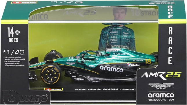 Bburago Aston Martin AMR25 F1 2025 Die-Cast Model Car, #18 Lance Stroll, 1:43 Scale, with Helmet