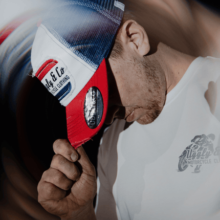White & Red Flat Track Trucker Hat