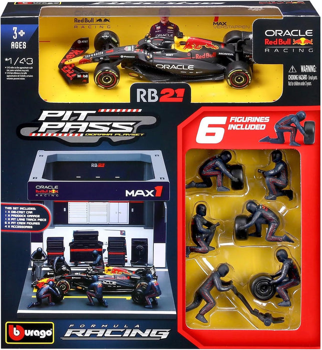 Bburago - Red Bull RB21 Verstappen, 1:43 Scale Diorama Pit Stop Playset