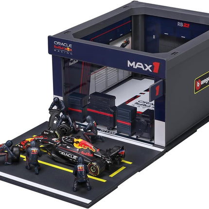 Bburago - Red Bull RB21 Verstappen, 1:43 Scale Diorama Pit Stop Playset