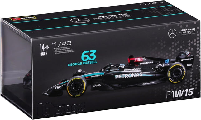 Bburago F1 Formula 1 MERCEDES AMG W15 (2024) WITH HELMET- RUSSELL - 1:43 Scale - Incredibly Detailed Die-Cast Replica Collectible Race Car Model